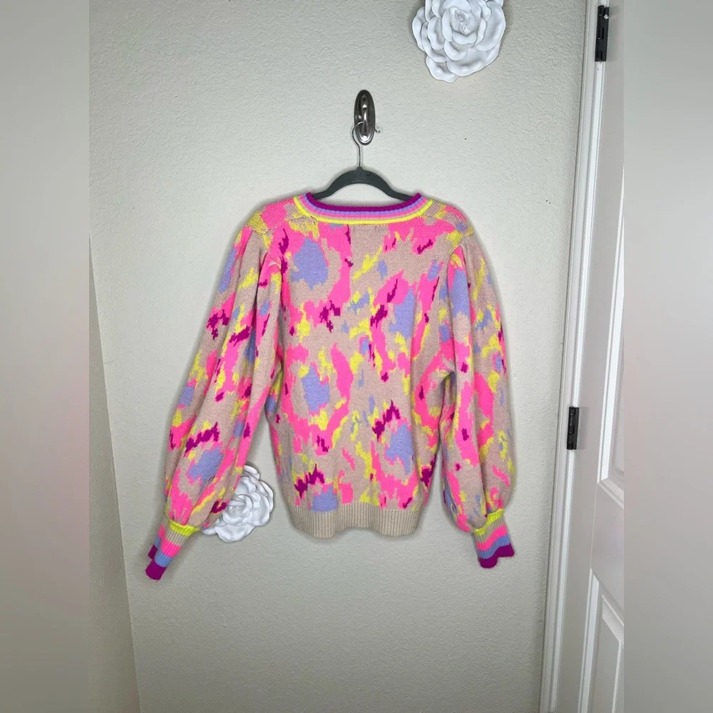 NTM Jodifl Abstract Print Sweater Neon Pink Taupe Balloon Sleeve Pullover Size L - Picture 10 of 16